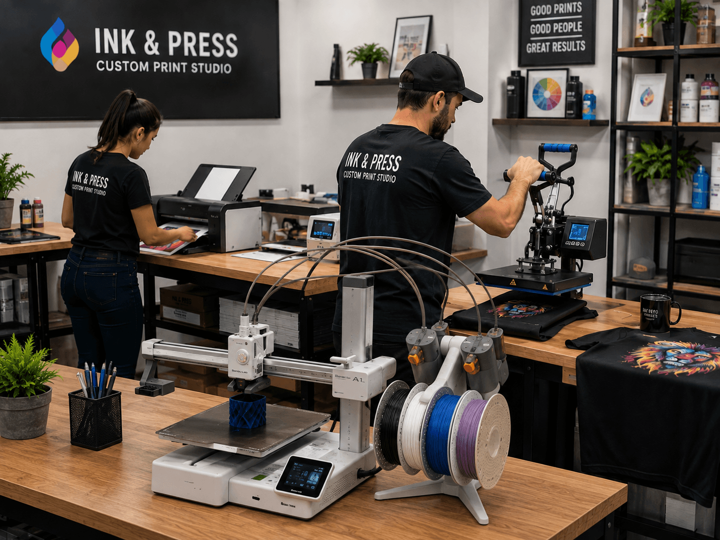Estúdio de personalizados com impressora 3D, prensa térmica e impressão digital